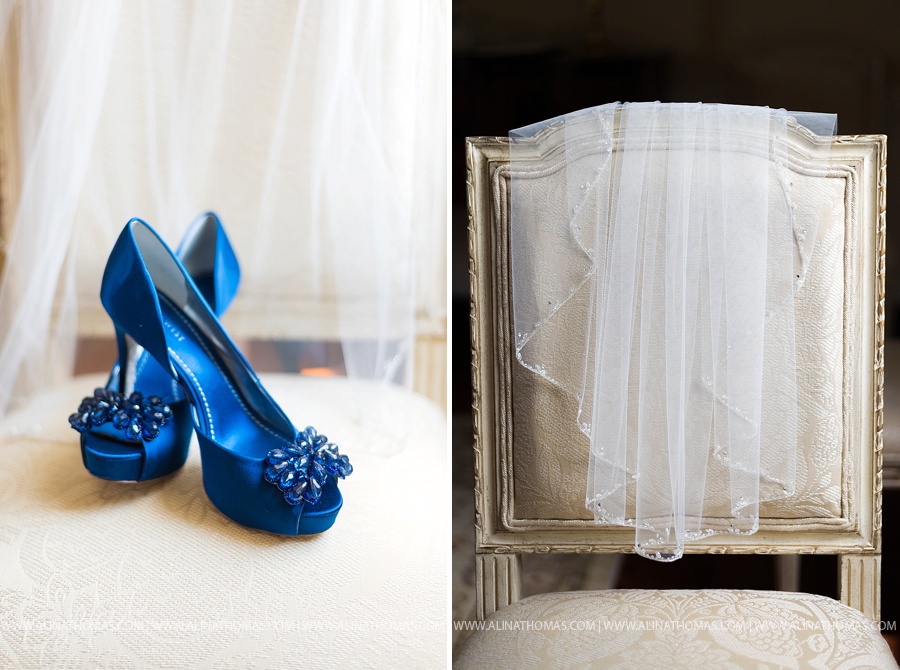 bride veil and blue shoes