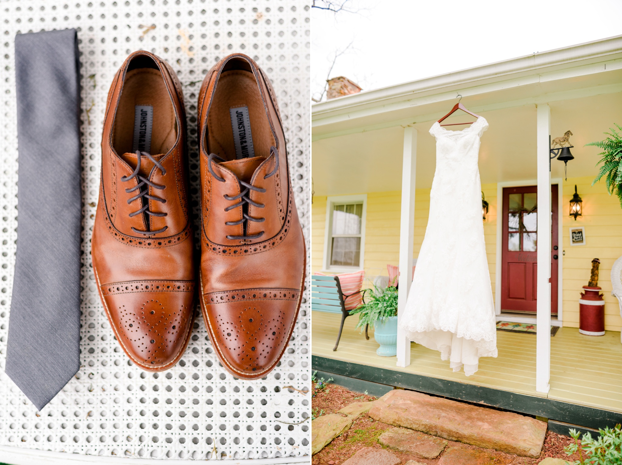 groom's brown leather shoes and wedding dress