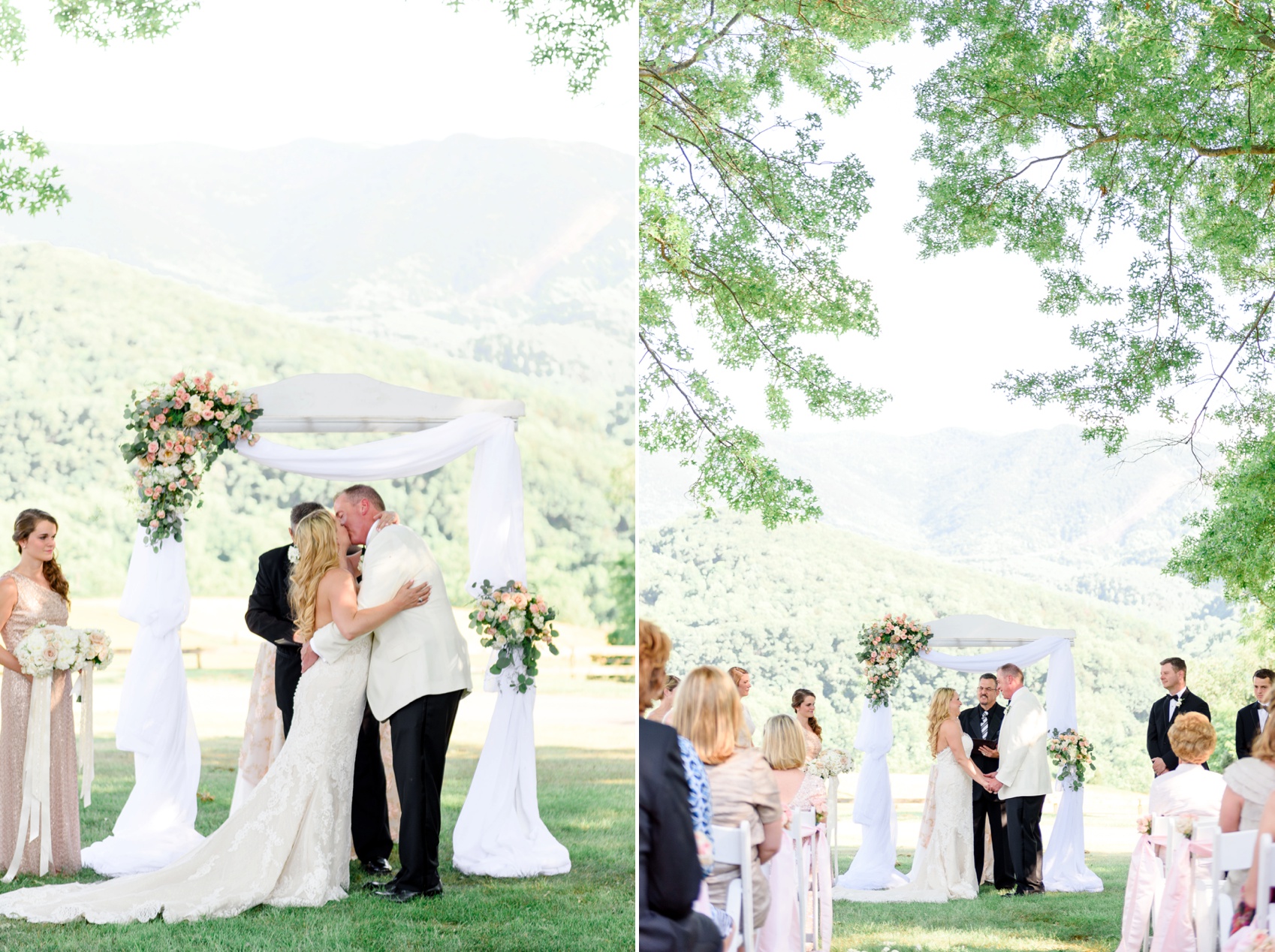bride and groom first kiss