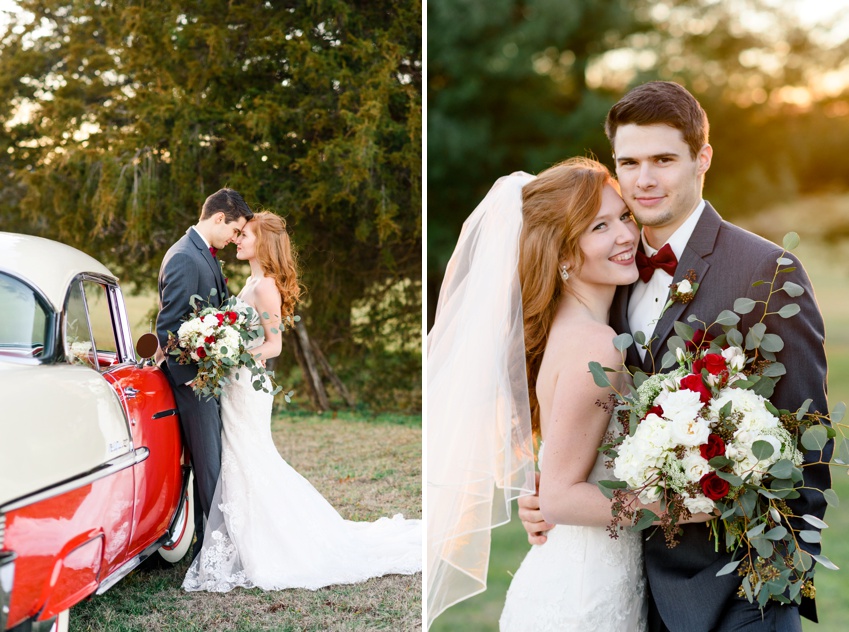 bride and groom with red convertible 