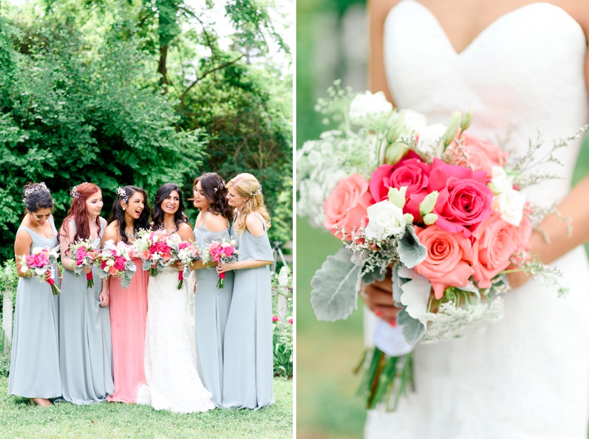 bridesmaids wearing pink and silver sage crisp dresses