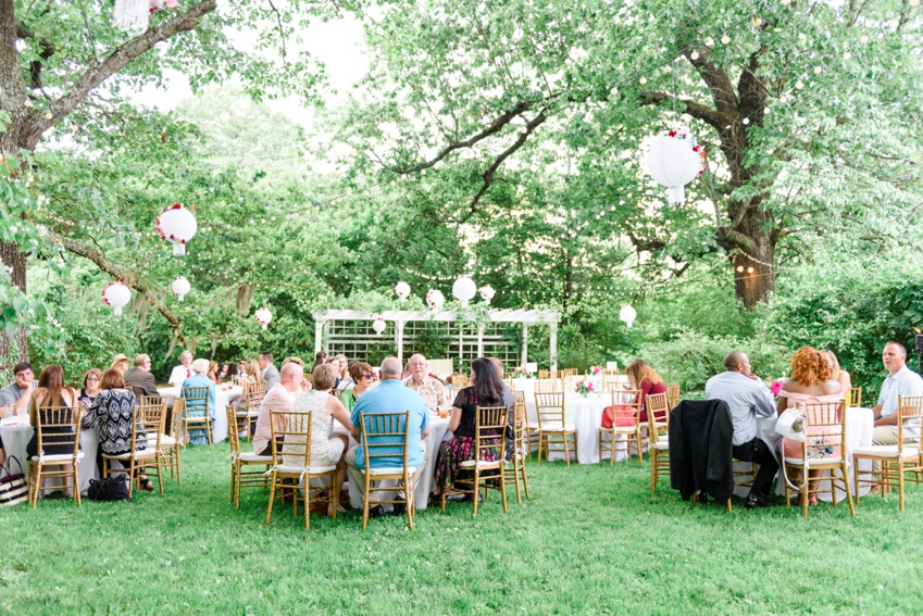 guests sitting at their tables during garden wedding 