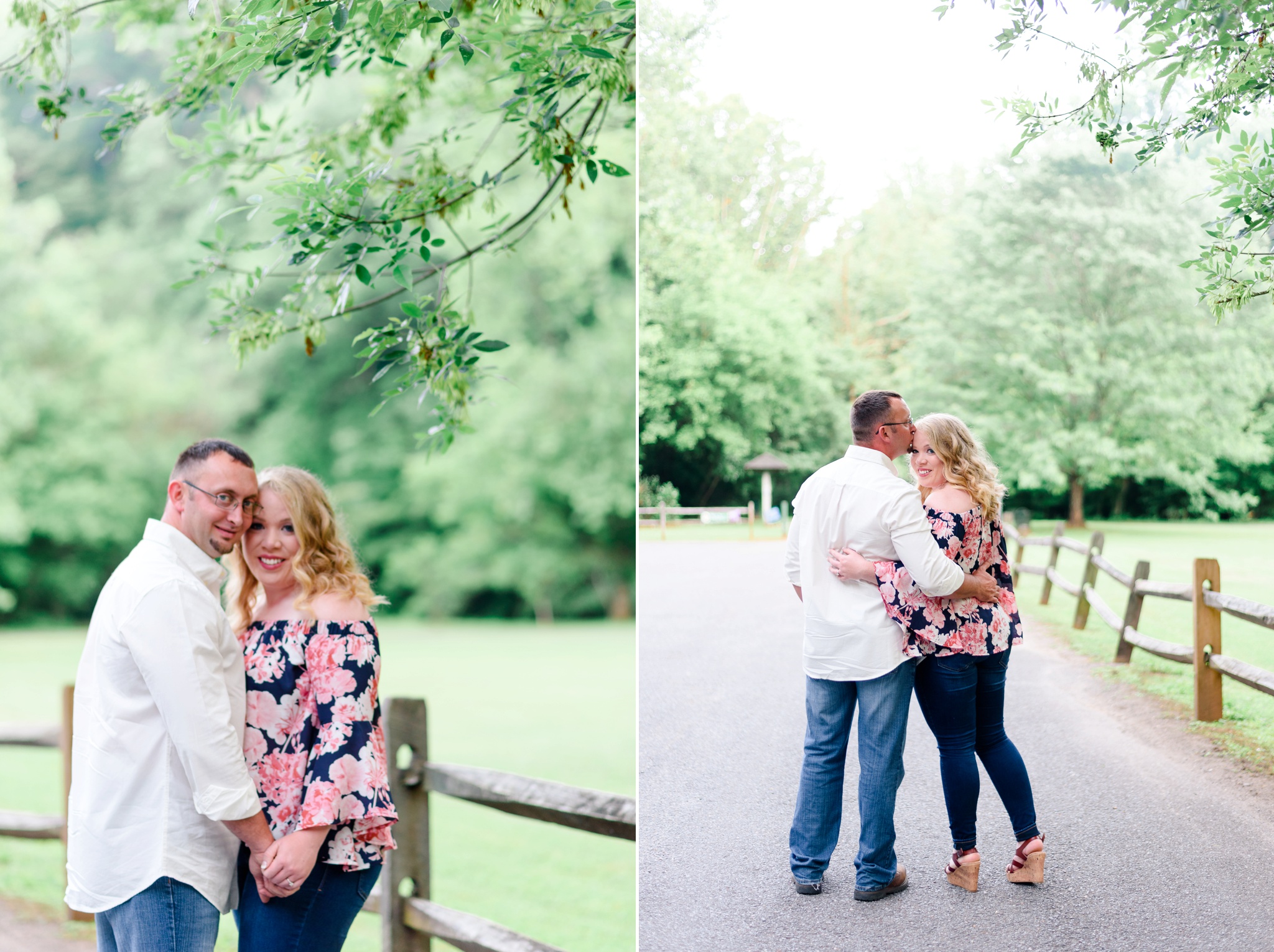 couple taking engagement photos at hollins mill park in lynchburg 