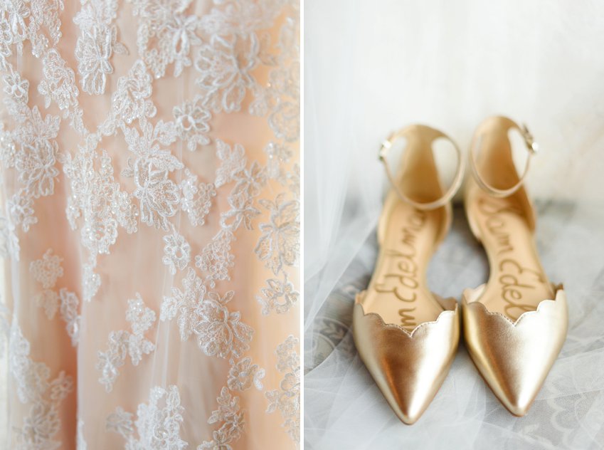 gold wedding shoes and blush wedding dress