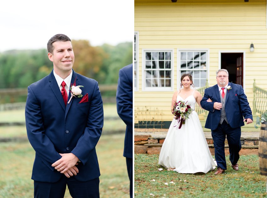 groom seeing his bride for the first time as she is walking down the aisle with her father