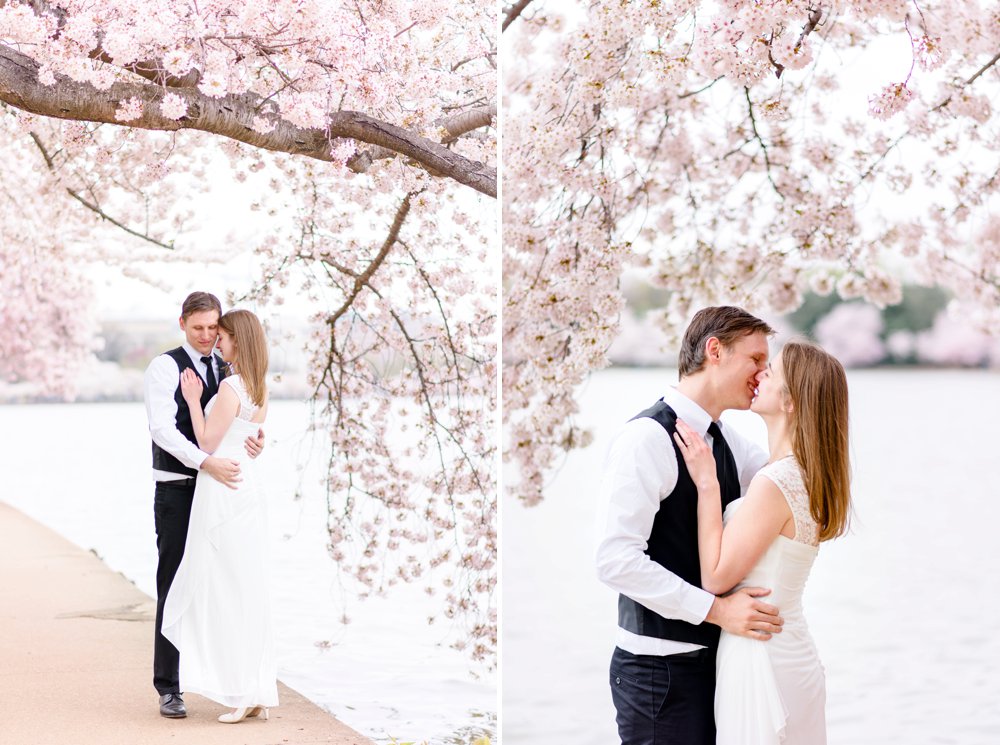 bride and groom taking photos with the cherry blossoms in washington dc