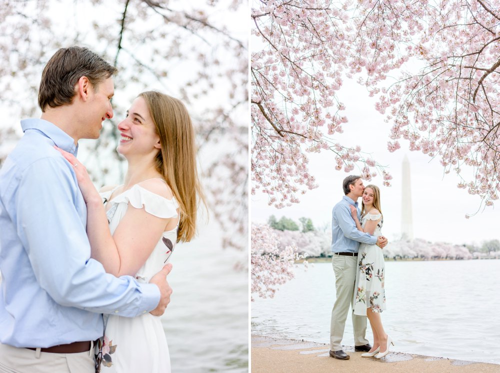 couple smiling during photos with the cherry blossoms