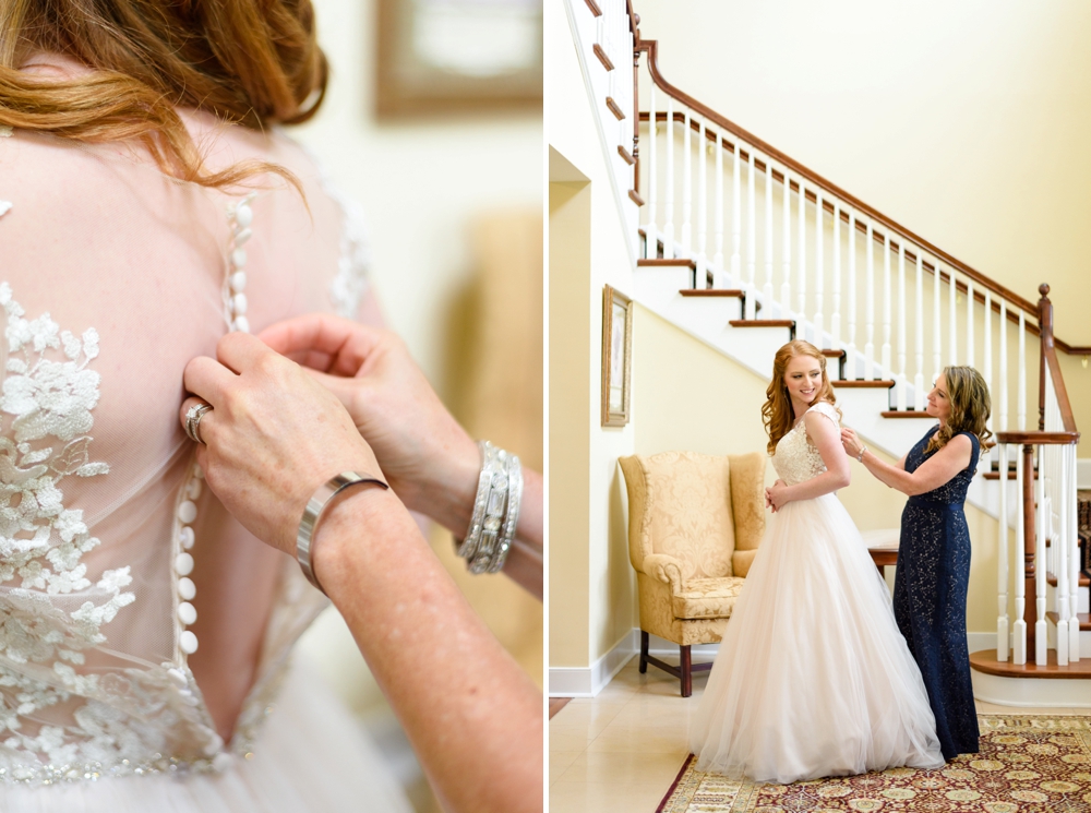 mom helping maggie sotterro bride zip wedding dress