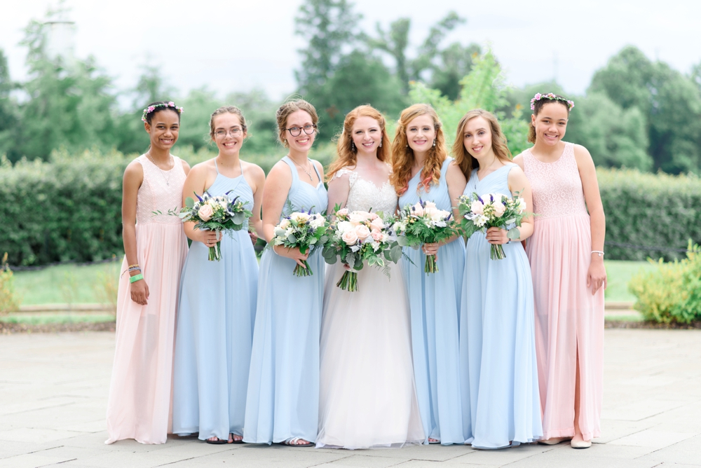 blue and pink bridesmaids dresses