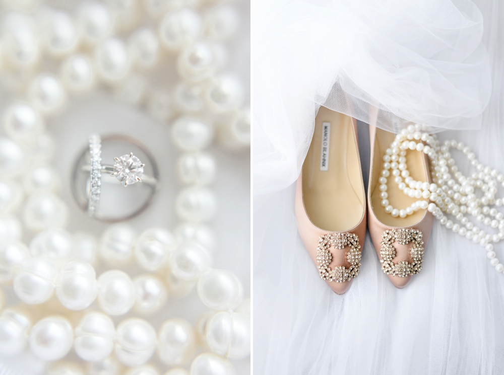 pearls and bride's engagement ring