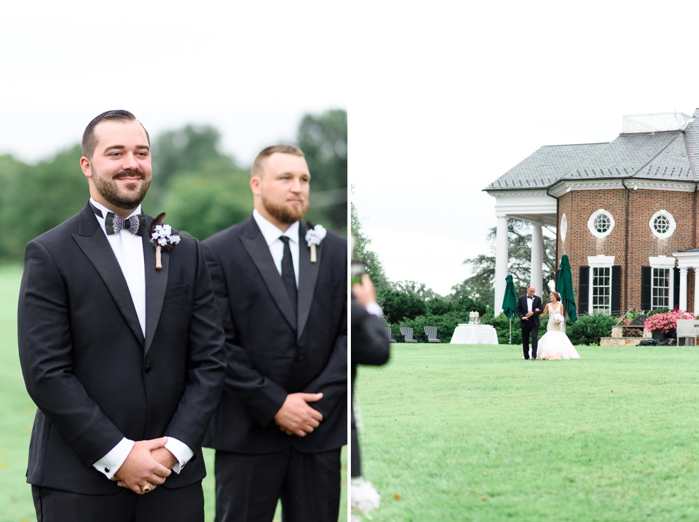 groom looking at bride walking down the aisle