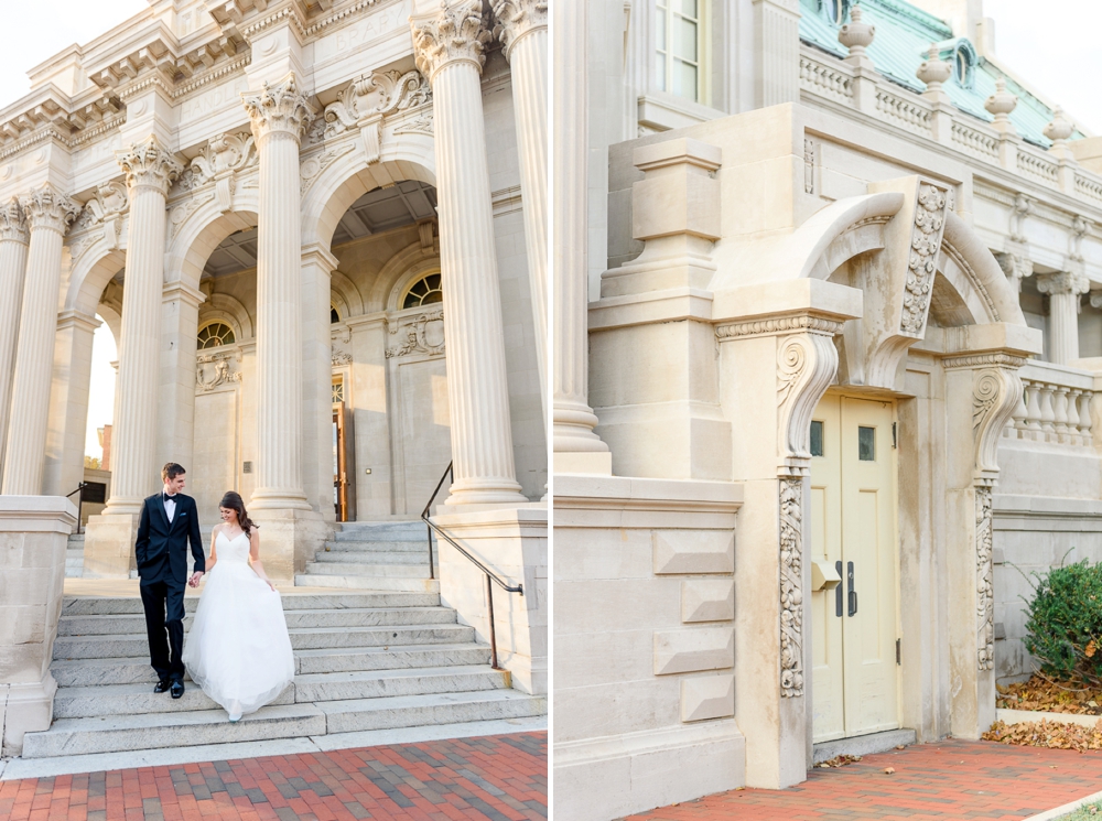 bride and groom walking down castle steps