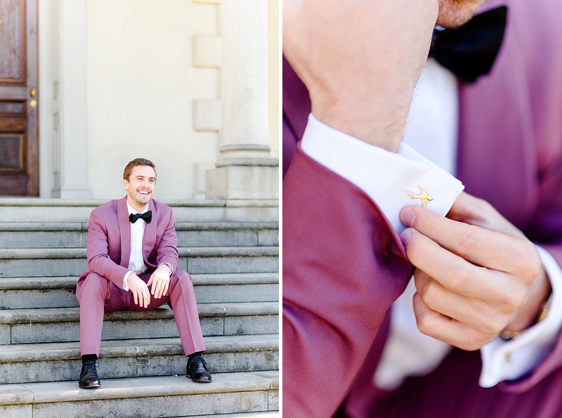 groom wearing burgundy suit