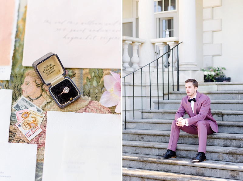 engagement ring and the groom sitting on the stairs