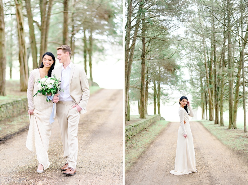 bride and groom walking in the forest