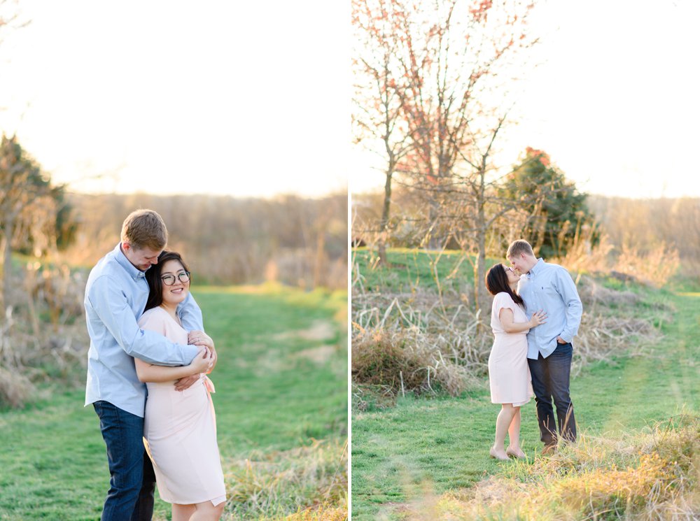 bride wearing pink dress for engagement photos