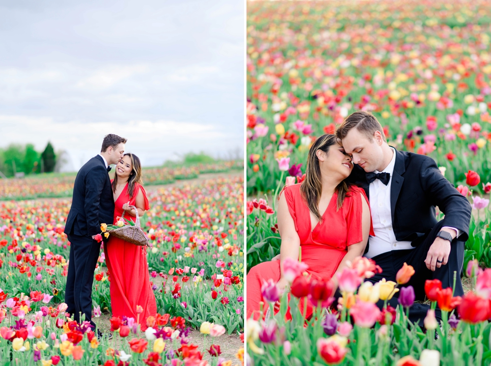 bride and group taking photos in a tulip field