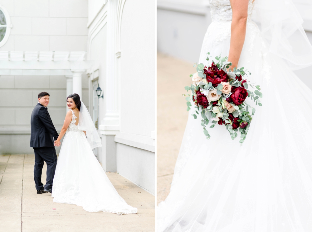 bride and groom walking during their foxchase manor wedding