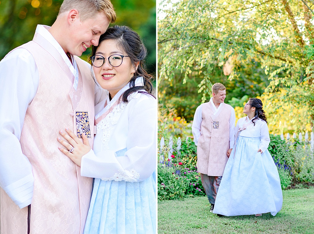 couple wearing hanbok at their wedding in Virginia