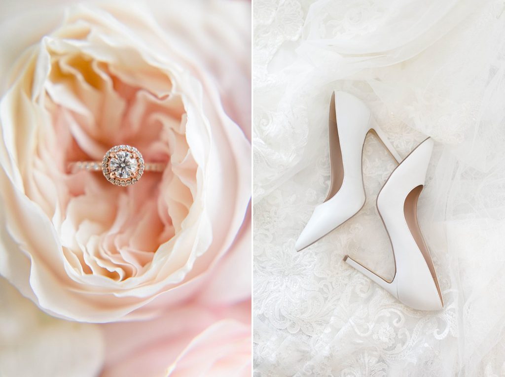 gold engagement ring and white bridal shoes