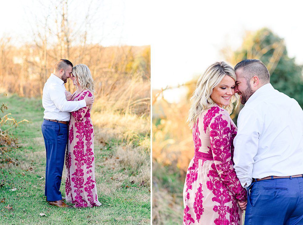 bride wearing beautiful pink lace dress for engagement photos