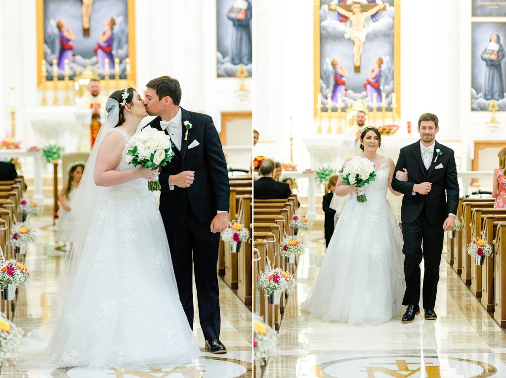 couple exits the church after ceremony