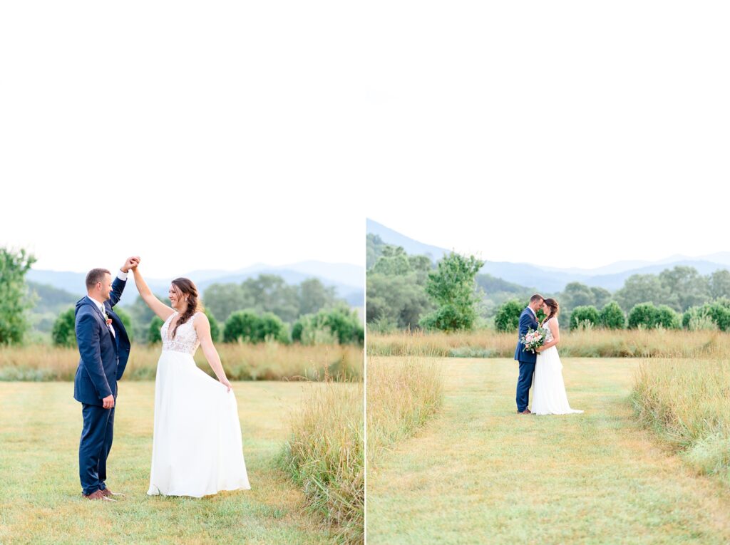 couple taking photos in a field at Big Spring Farm