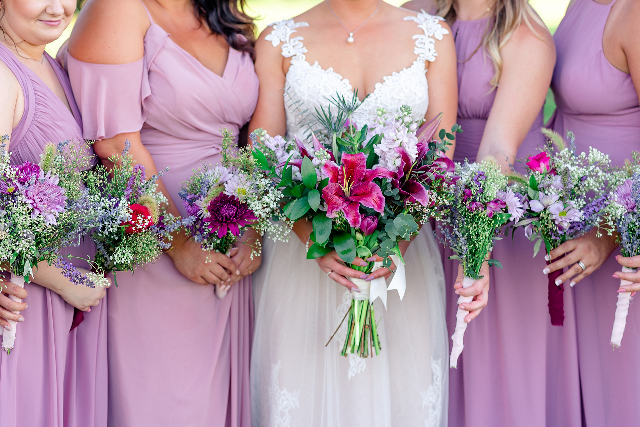 bridesmaids bouquets with farm flowers