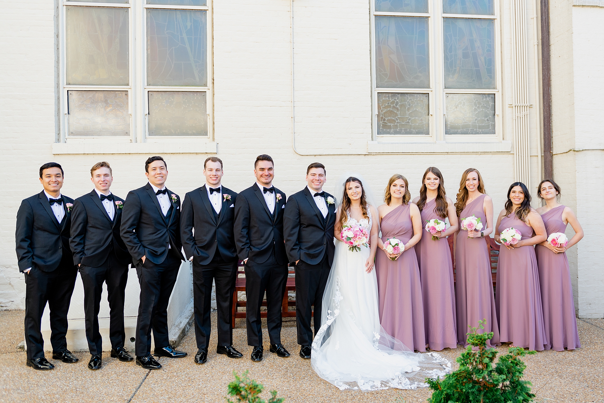 Bridal Party portraits in front of Basilica of St Mary in Old Town Alexandria.