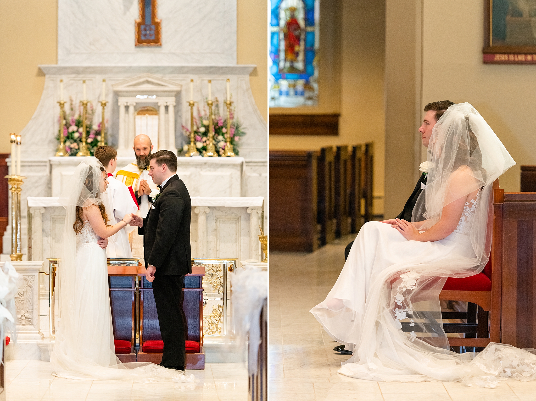 Wedding couple during Catholic ceremony.