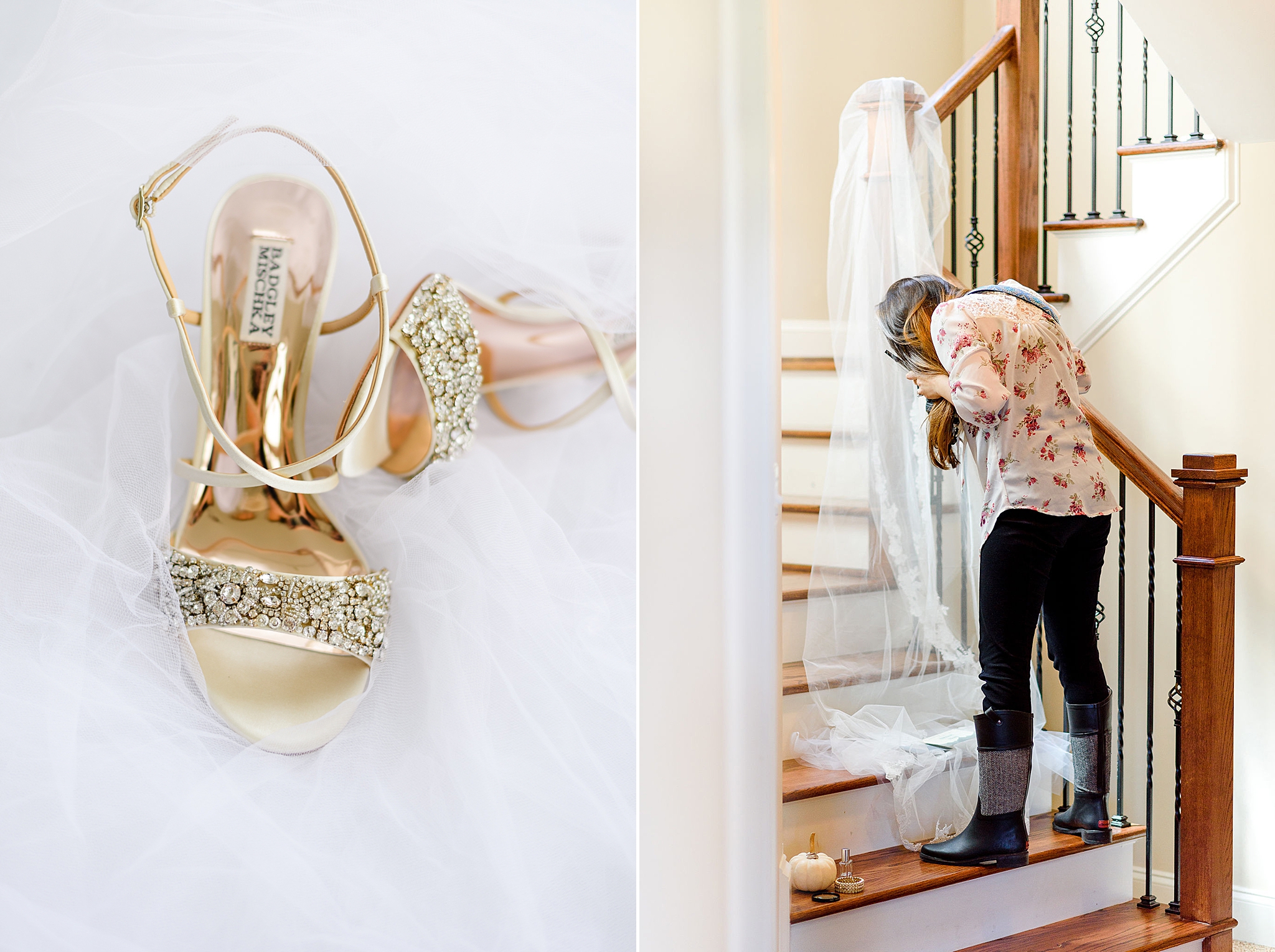 Photographer using veil to style the wedding shoes.