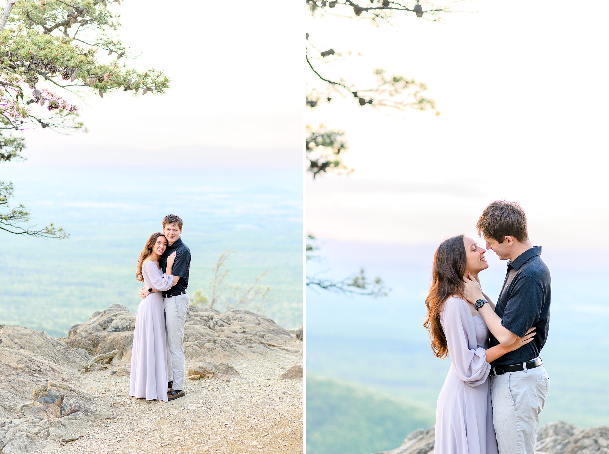 A joyful couple laughing together against the scenic Ravens Roost Overlook, a perfect setting for their engagement session.