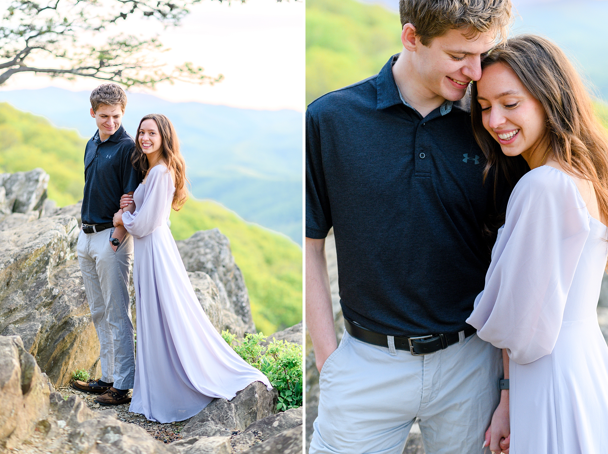 Two people smiling and embracing against the breathtaking backdrop of Ravens Roost Overlook during their engagement shoot.