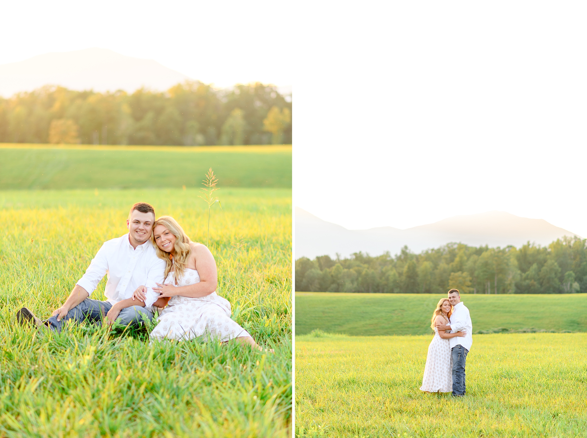 couple sitting down in beautiful field for pictures