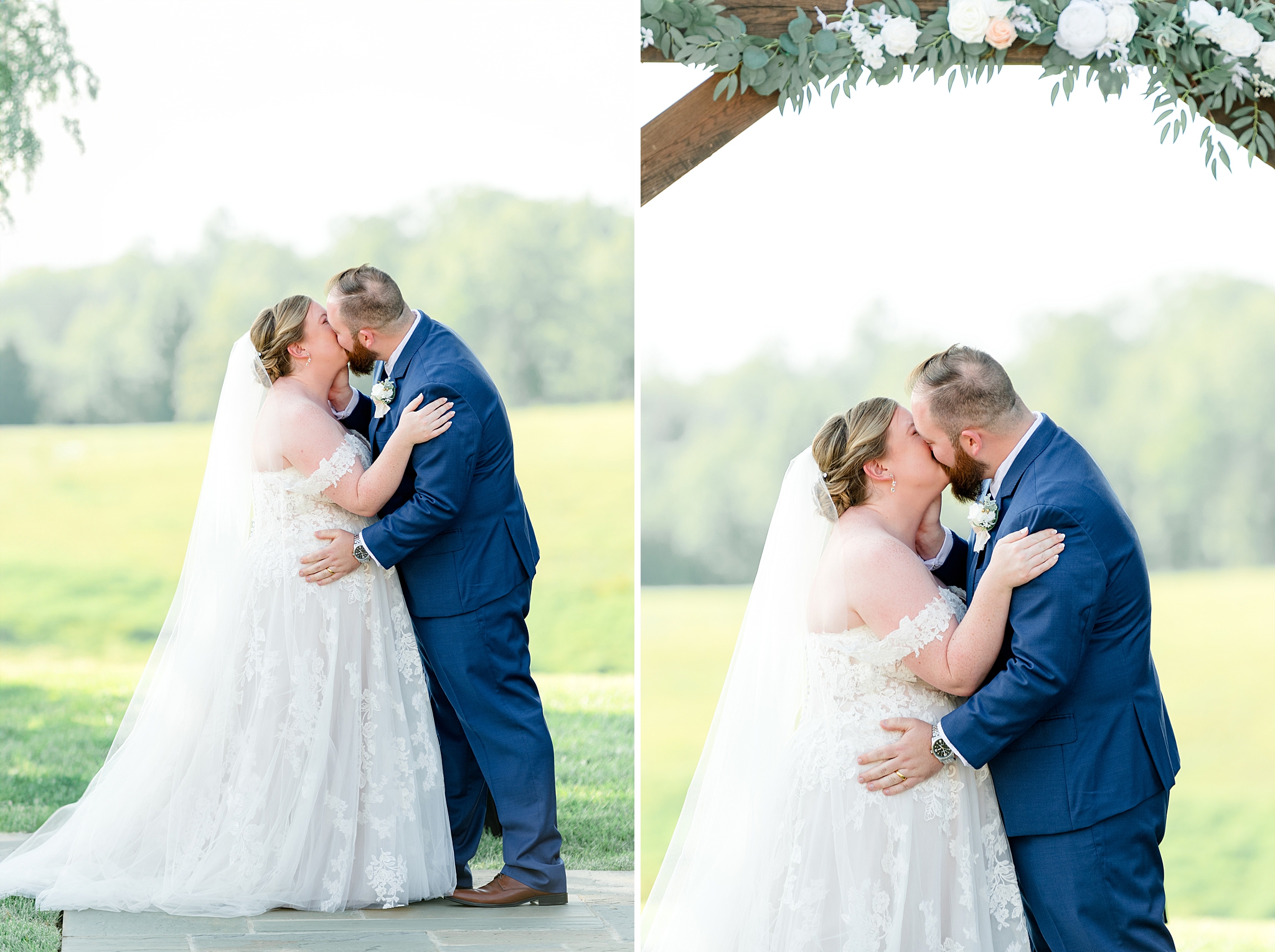 bride and groom's first kiss on wedding day