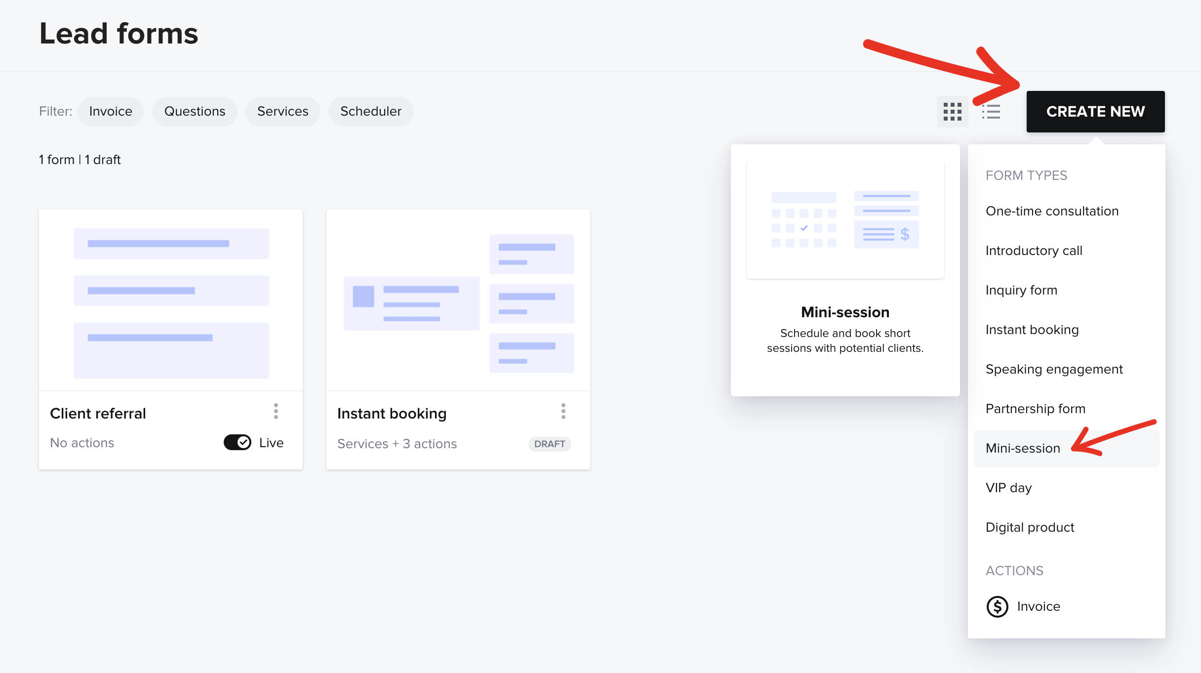 mini session lead form in HoneyBook