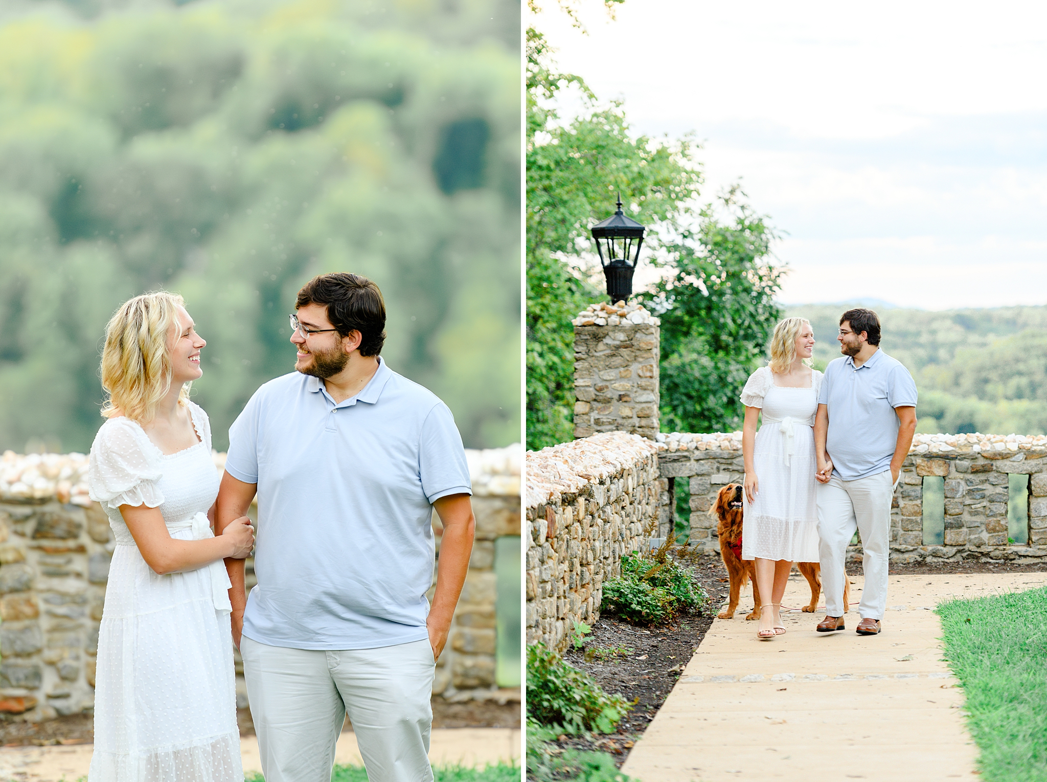 engaged couple walking in the park while laughing