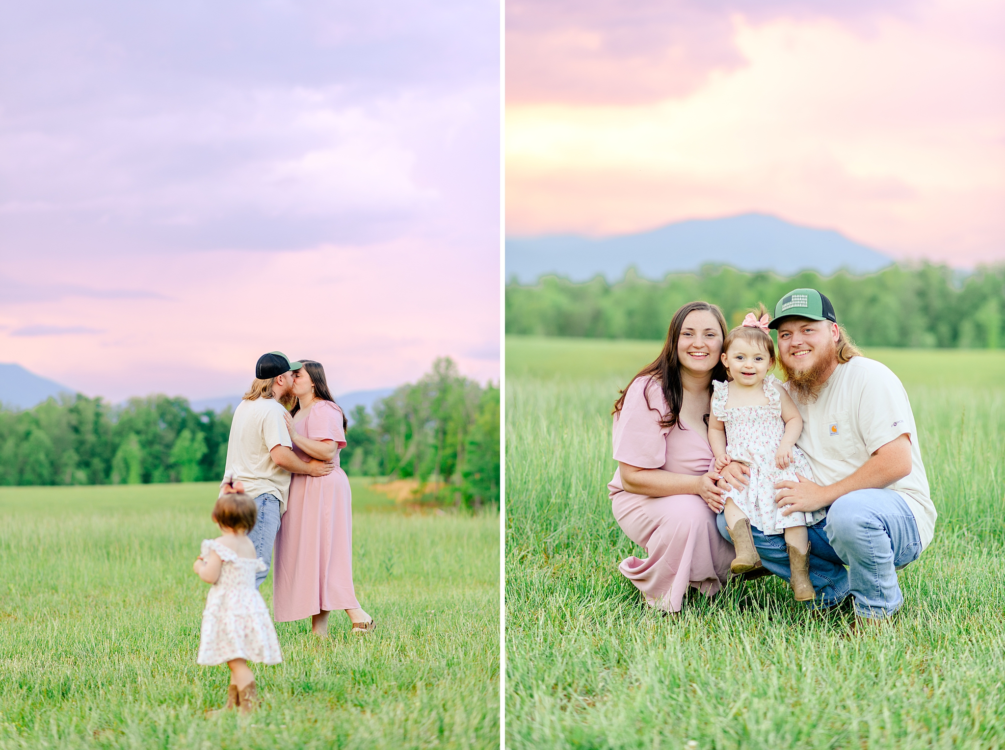 pink sunset during family pictures at Cedar Oaks