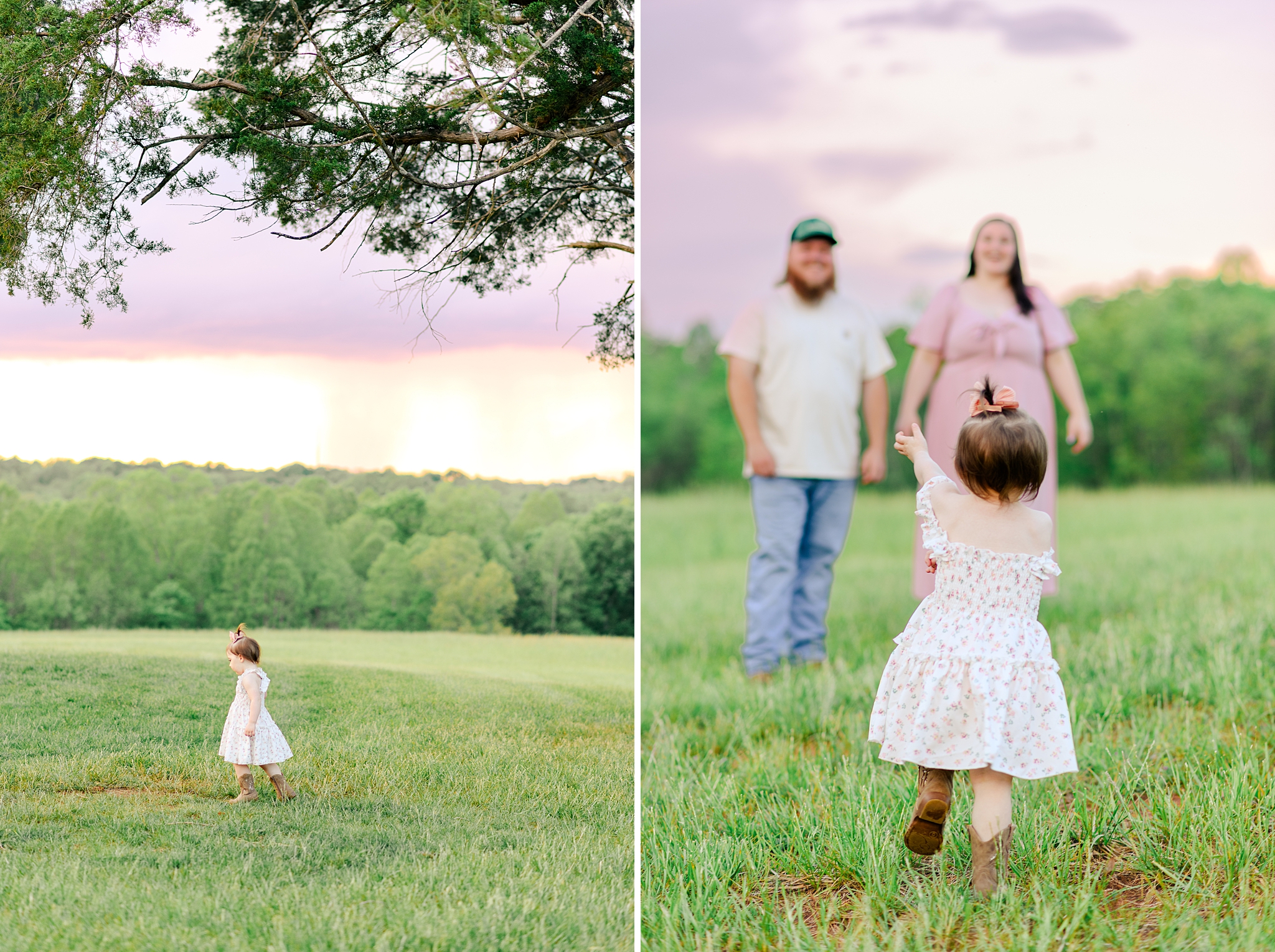 toddler running towards parents in family photos