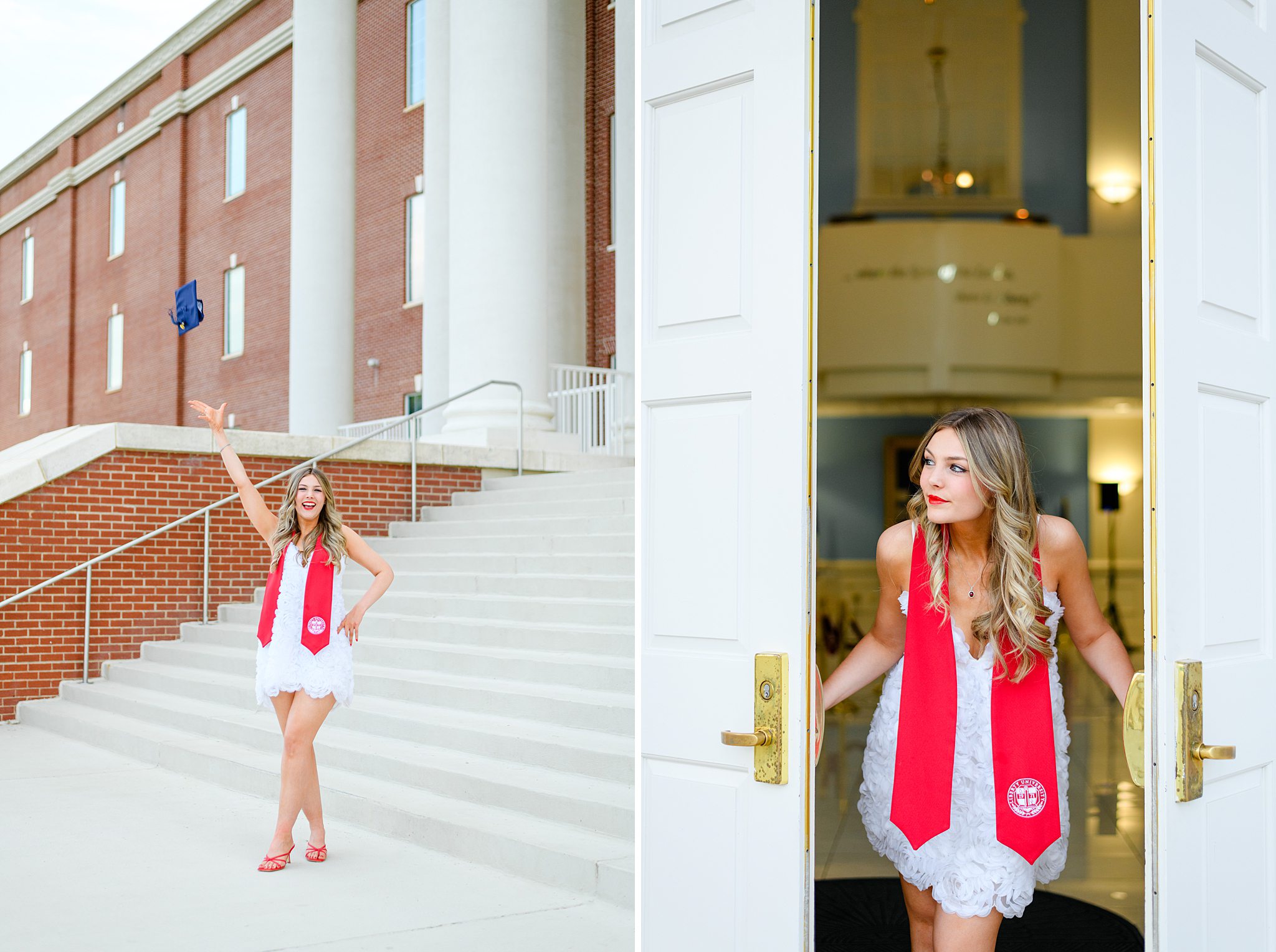 Liberty University graduation photos where graduate tosses cap in celebration