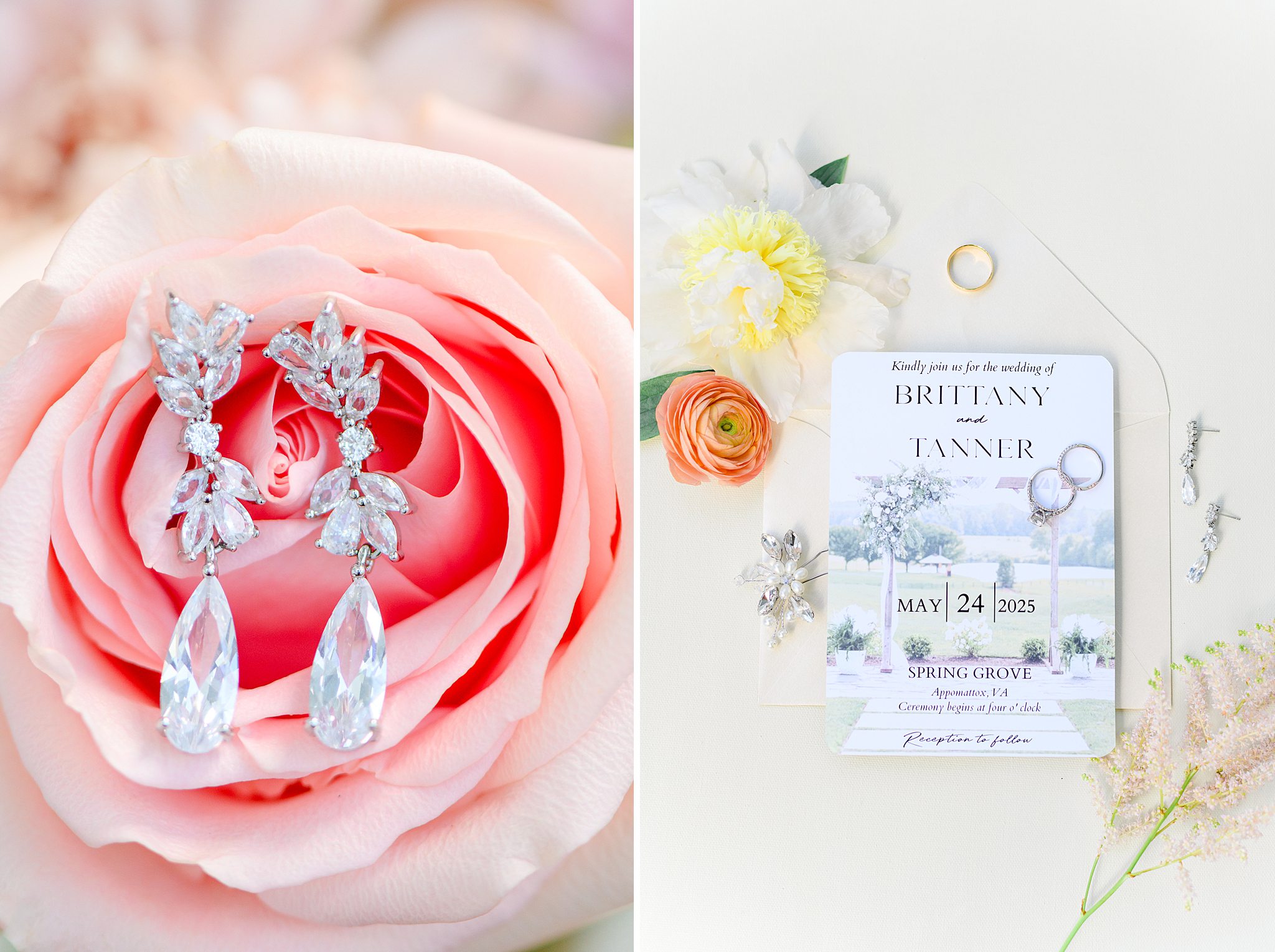 Close up of bride’s earrings and wedding invitation