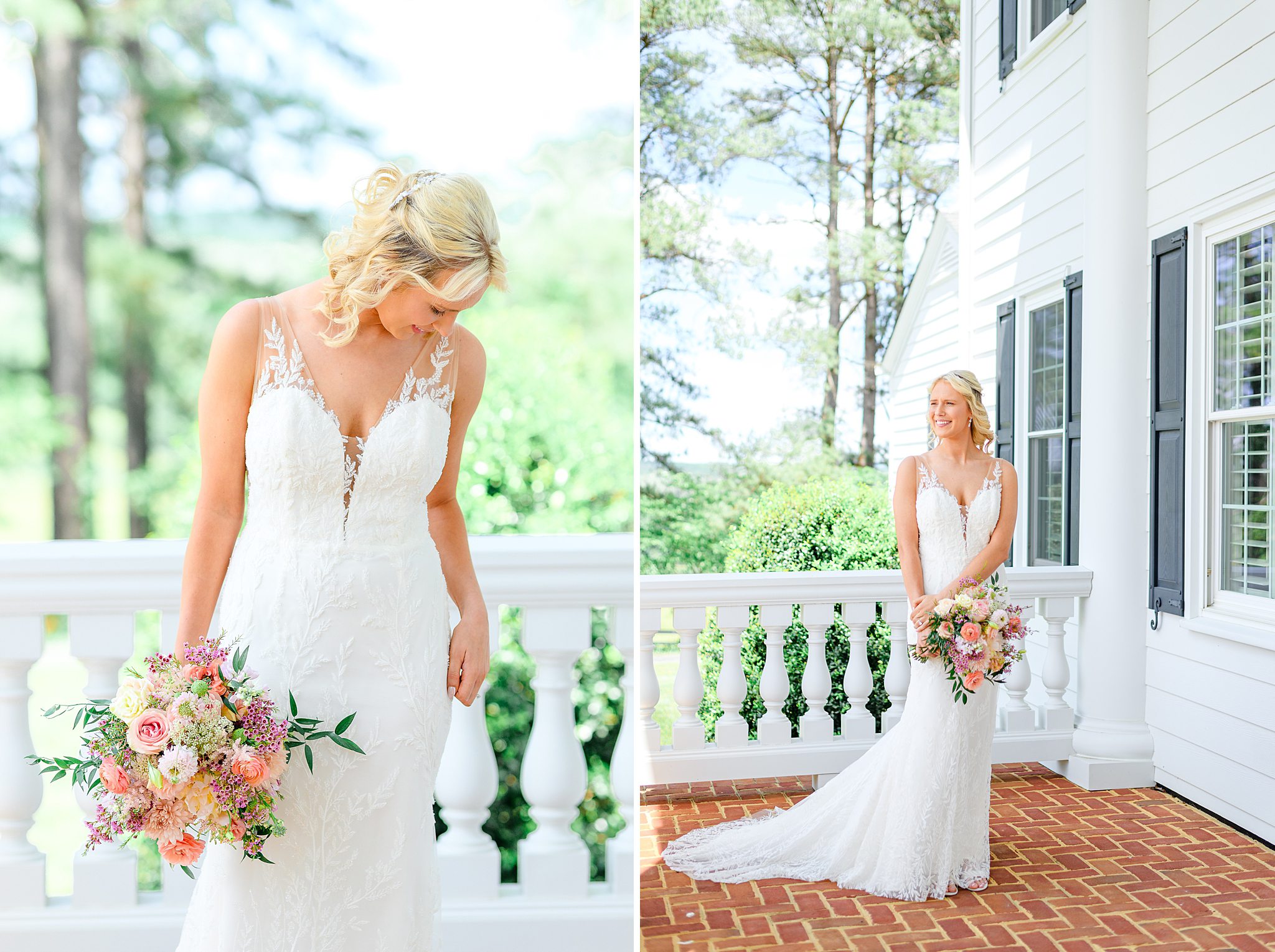 bride in her Ashley Grace Bridal dress on front porch
