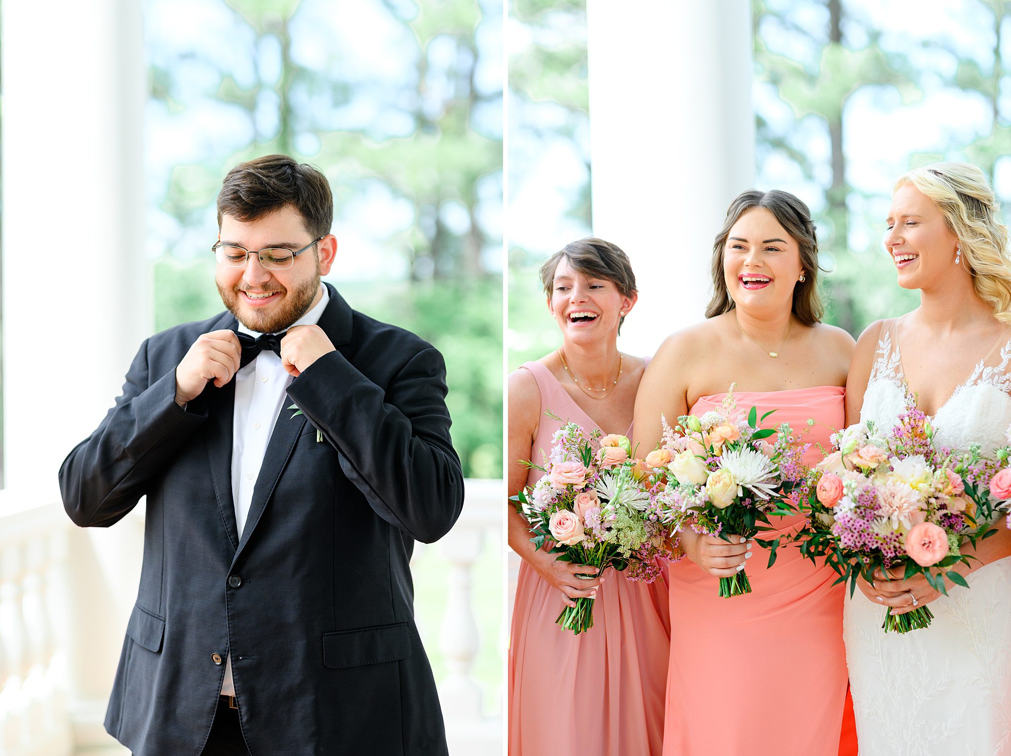 groom adjusting his tie while bridesmaids laugh nearby