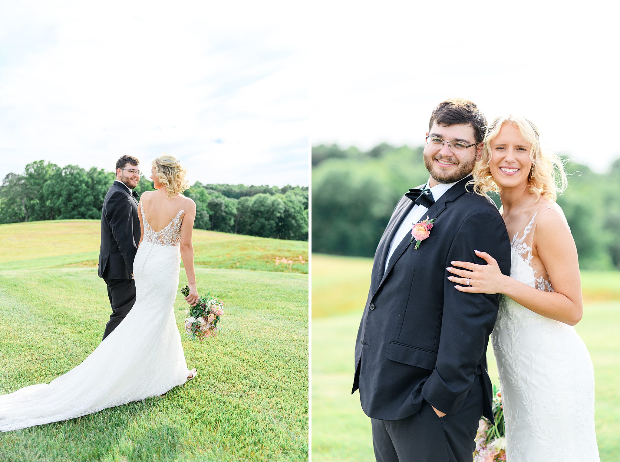 ride and groom holding hands and laughing at Spring Grove wedding venue