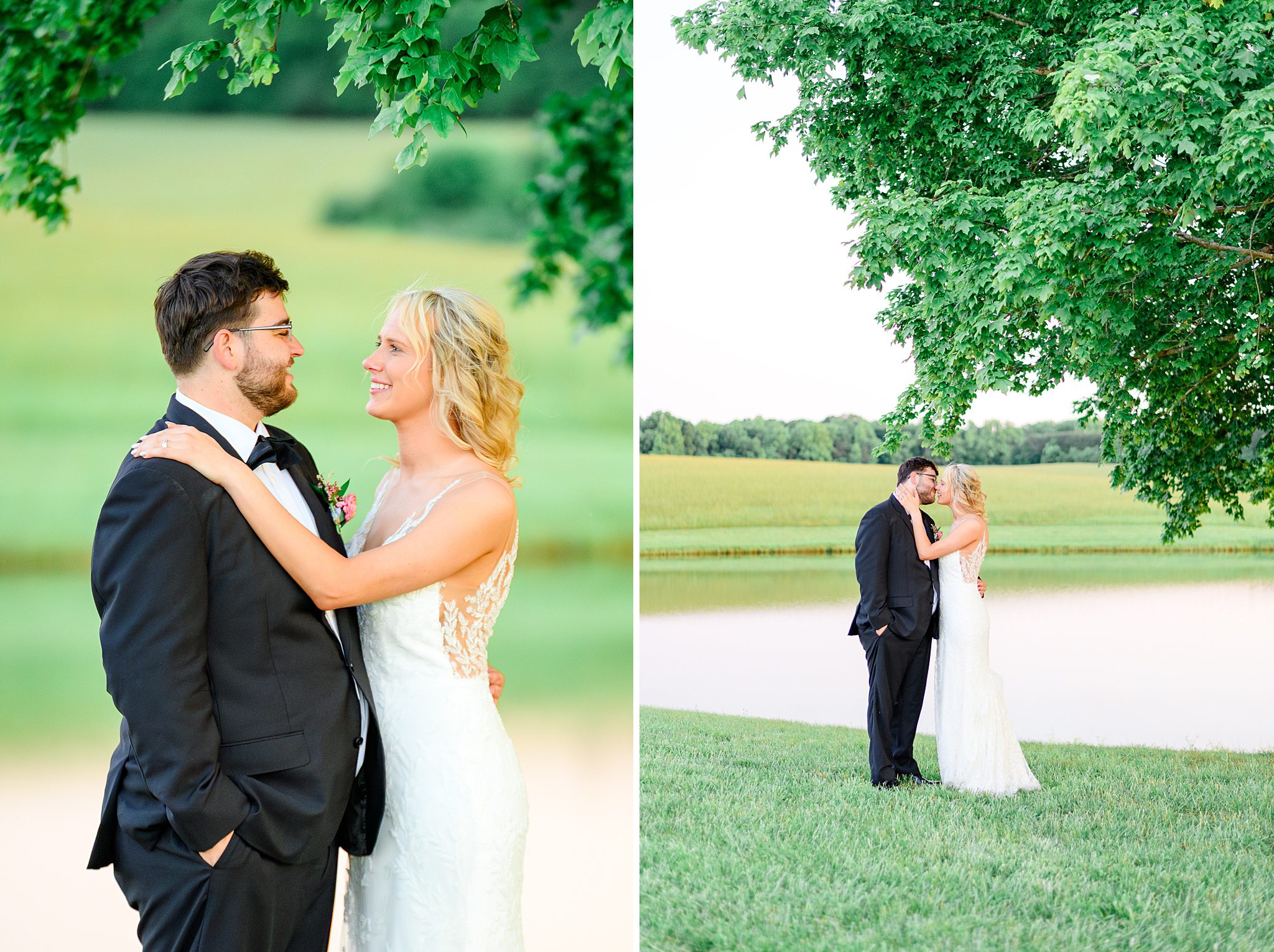 Golden hour portrait of the couple with soft sunlight filtering through the trees