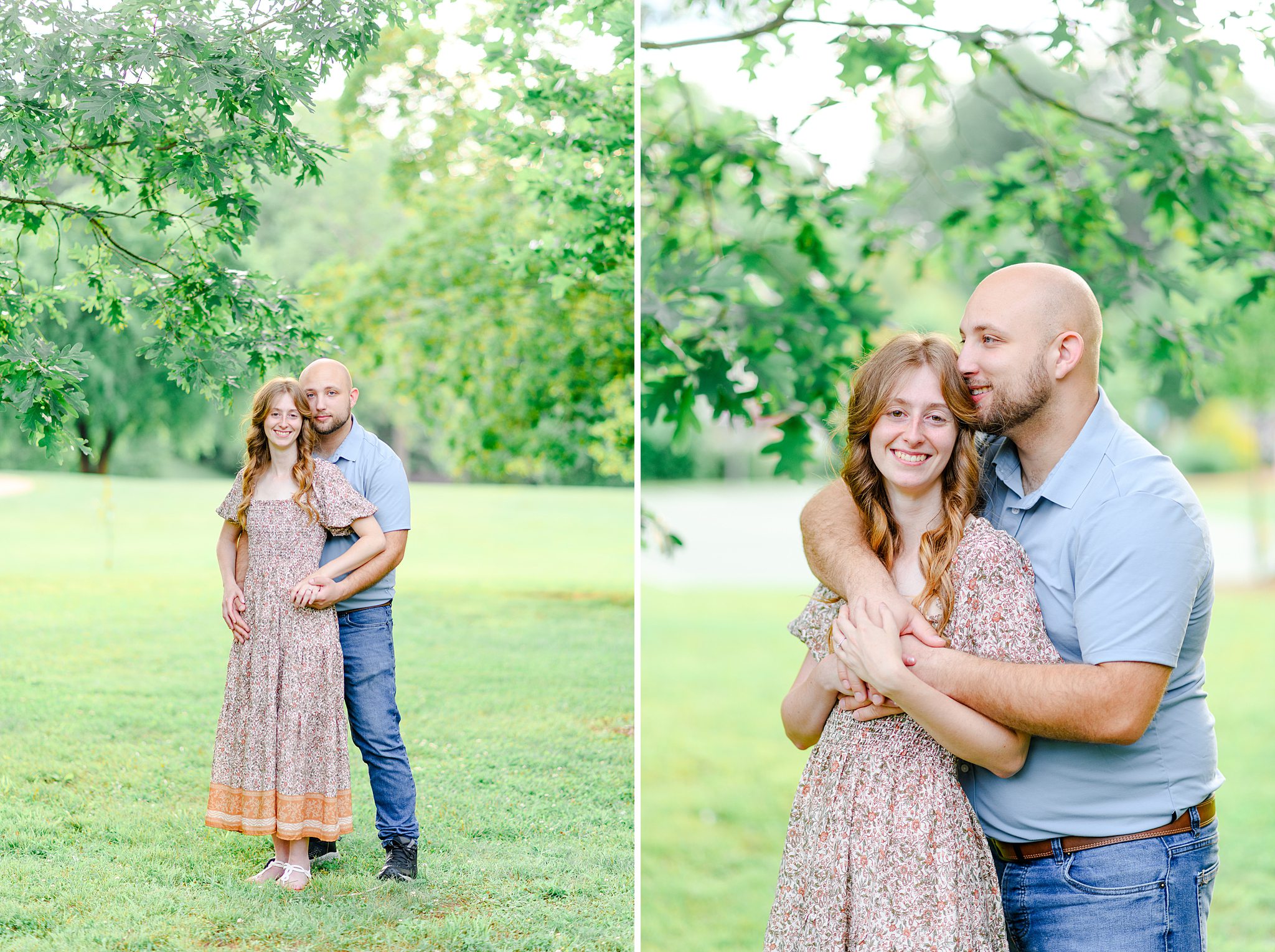 Couple standing together in the field during their Lynchburg engagement pictures