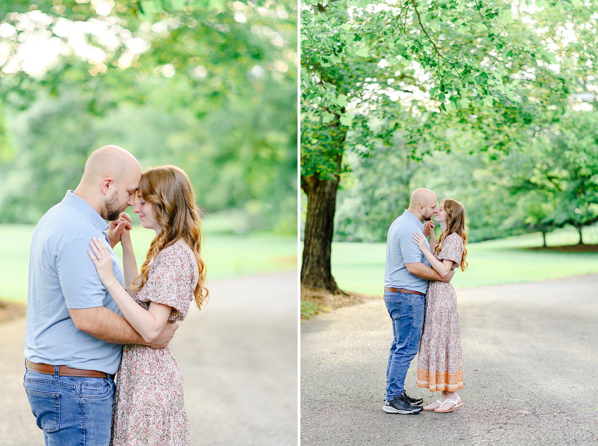 Couple kissing under the golden trees during their Lynchburg engagement pictures