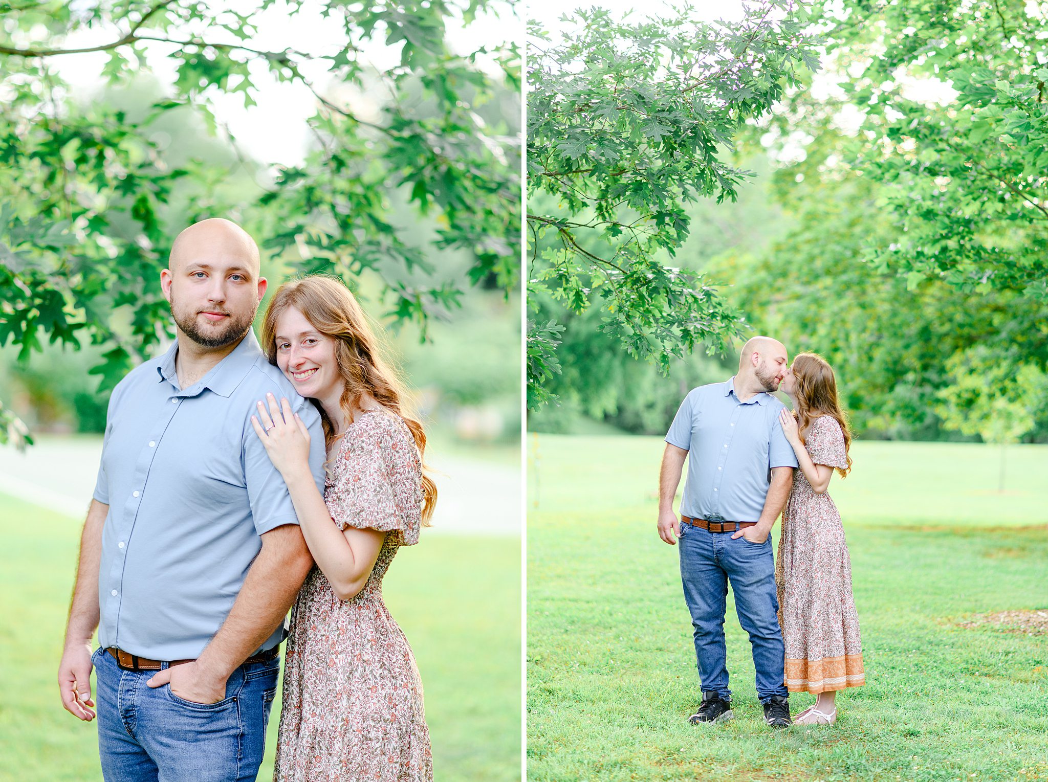 Engaged couple share a kiss under the tress at Riverside Park in Lynchburg, VA