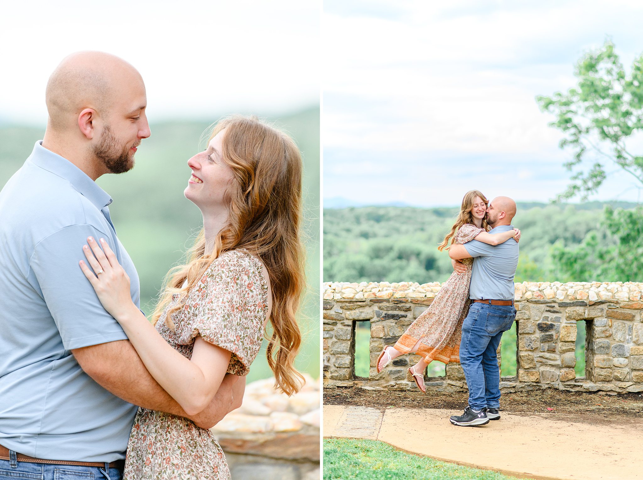 Groom-to-be lifting his fiancée in the air with a big smile