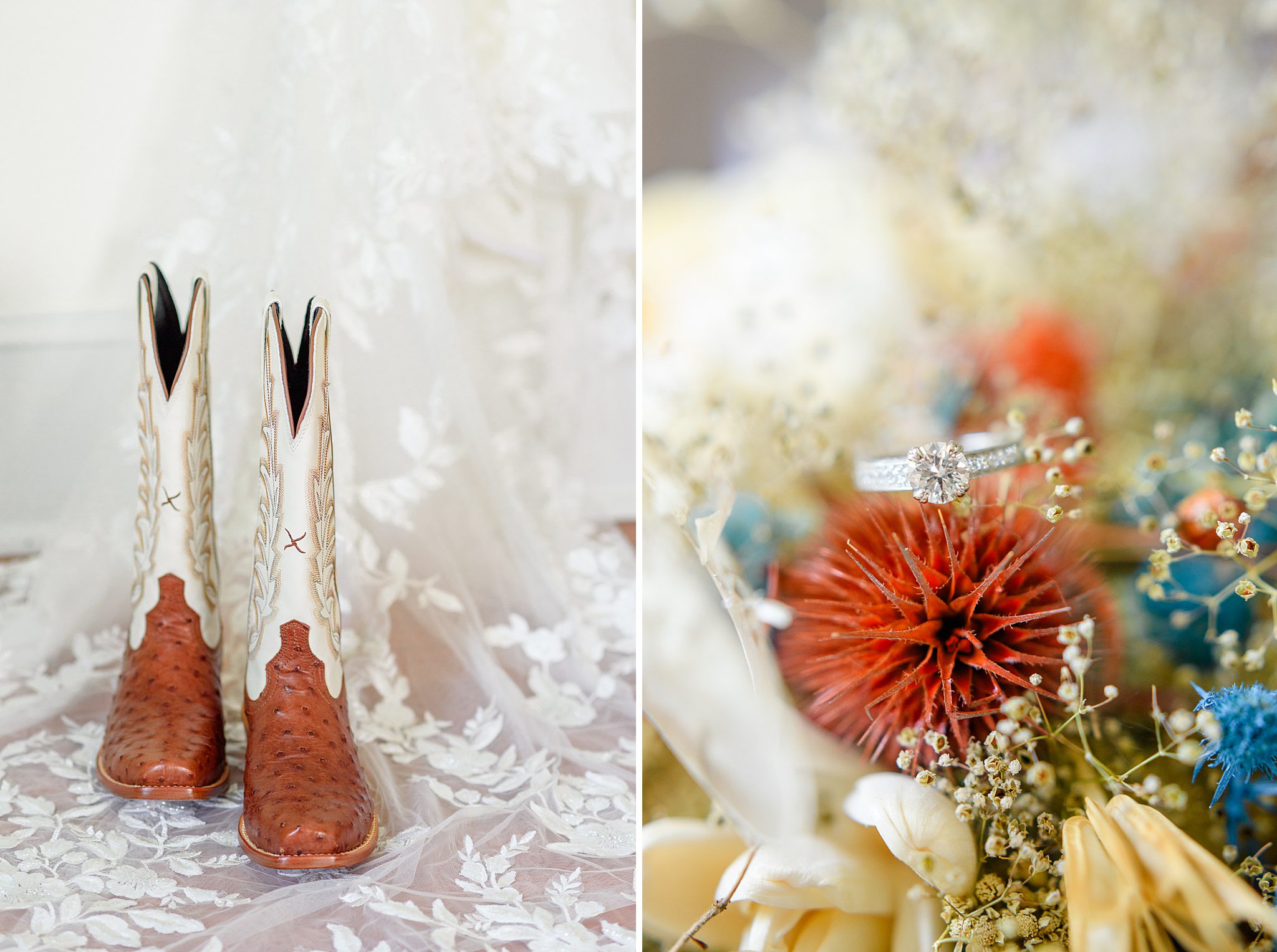 close up of engagement ring on boho bouquet